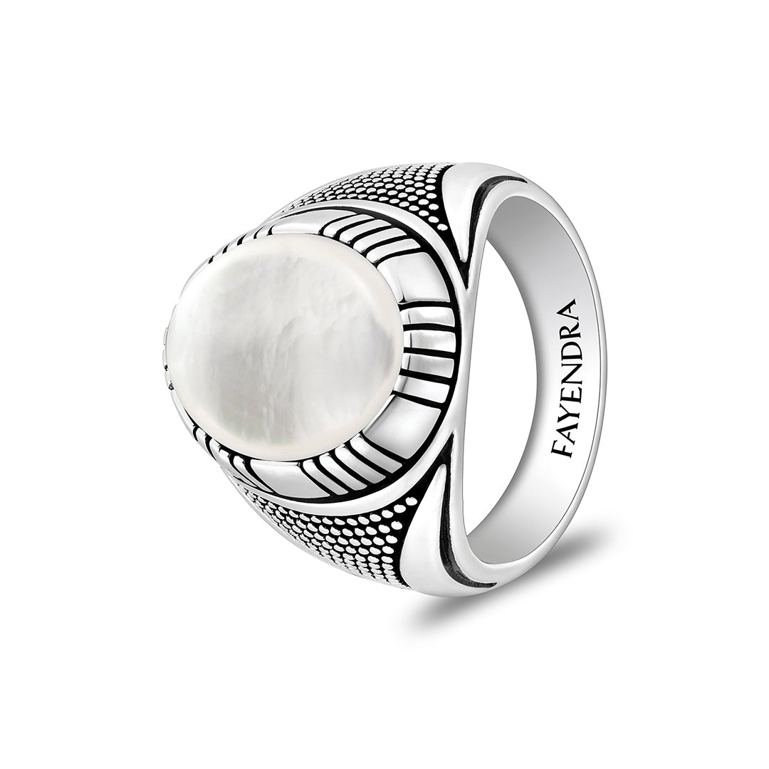 Sterling Silver 925 Ring Rhodium And Black Plated Embedded With Cabochon White Shell For Men