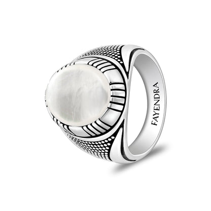 Sterling Silver 925 Ring Rhodium And Black Plated Embedded With Cabochon White Shell For Men