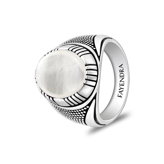 Sterling Silver 925 Ring Rhodium And Black Plated Embedded With Cabochon White Shell For Men