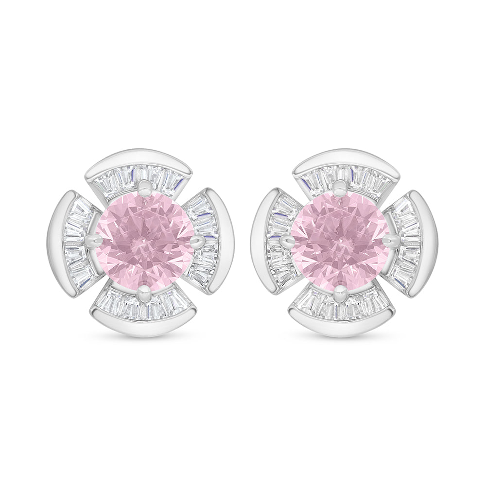 Sterling Silver 925 Earring Rhodium Plated Embedded With Pink Zircon And White Zircon