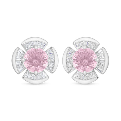 Sterling Silver 925 Earring Rhodium Plated Embedded With Pink Zircon And White Zircon