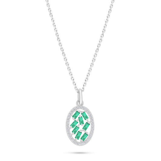 Sterling Silver 925 Necklace Rhodium Plated Embedded With Emerald Zircon And White Zircon