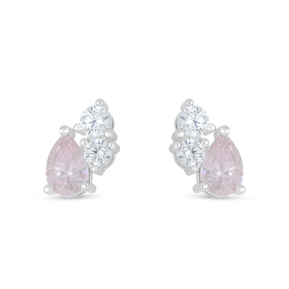 Sterling Silver 925 Earring Rhodium Plated Embedded With pink Zircon And White Zircon