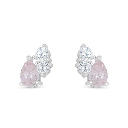 Sterling Silver 925 Earring Rhodium Plated Embedded With pink Zircon And White Zircon