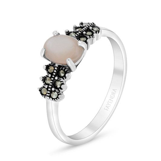 Sterling Silver 925 Ring Embedded With Natural Pink Shell And Marcasite Stones