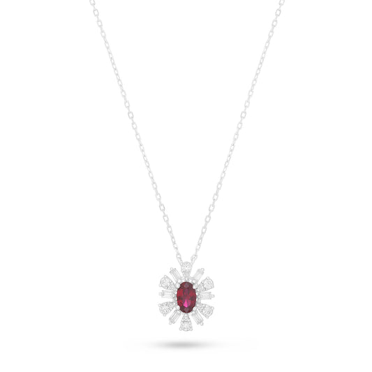 Sterling Silver 925 Necklace Rhodium Plated Embedded With Ruby Corundum And White Zircon