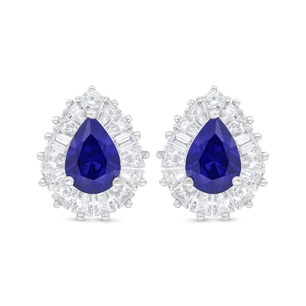 Sterling Silver 925 Earring Rhodium Plated Embedded With Sapphire Corundum And White Zircon