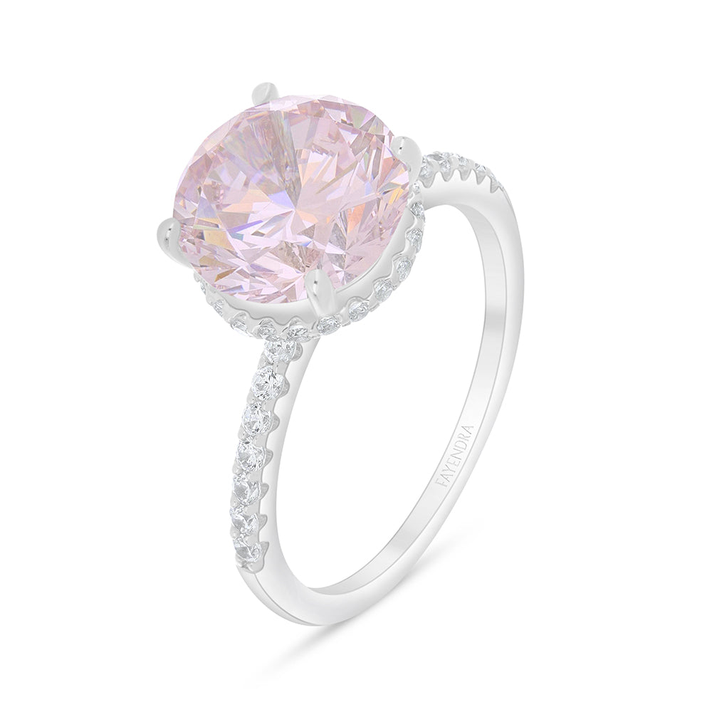 Sterling Silver 925 Ring Rhodium Plated Embedded With Pink Zircon And White Zircon