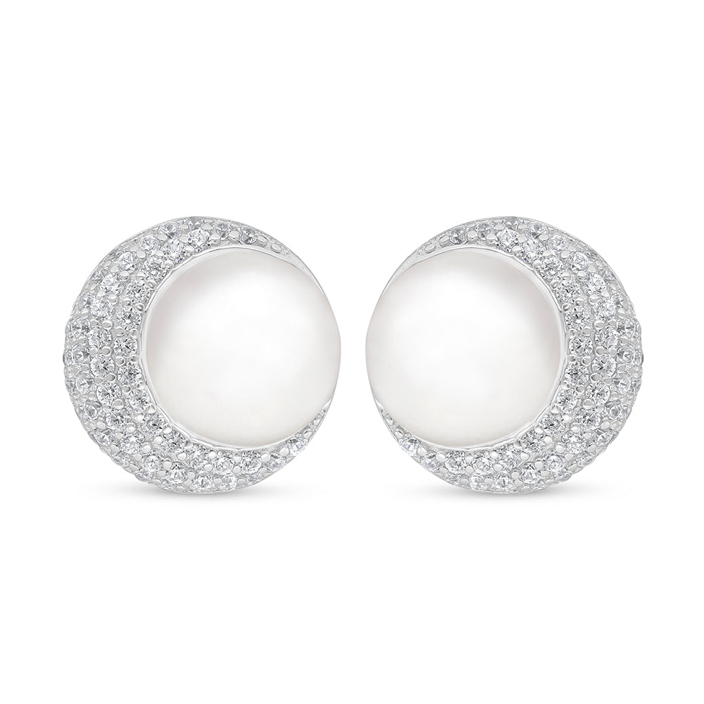 Sterling Silver 925 Earring Rhodium Plated Embedded With Natural White Pearl And White Zircon