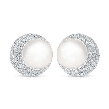 Sterling Silver 925 Earring Rhodium Plated Embedded With Natural White Pearl And White Zircon
