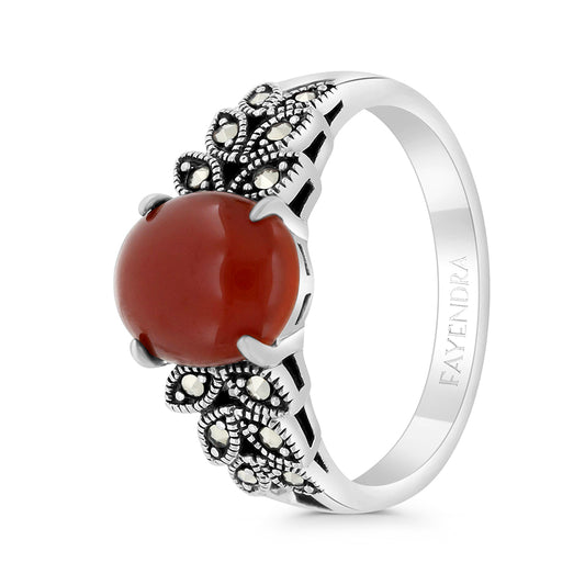 Sterling Silver 925 Ring Embedded With Natural Aqiq And Marcasite Stones