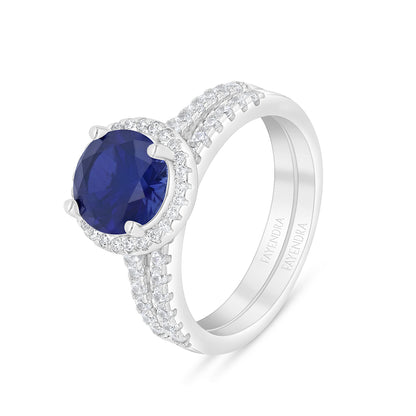 Sterling Silver 925 Ring (Twins) Rhodium Plated Embedded With Sapphire CorundumAnd White Zircon