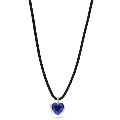 Sterling Silver 925 Necklace Rhodium Plated Embedded With Sapphire Corundum and Black cloth chain