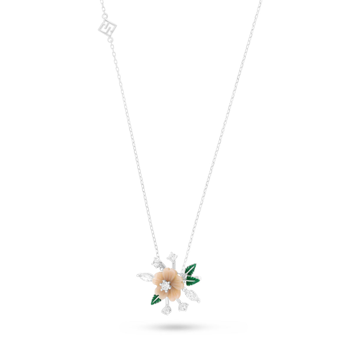 Sterling Silver 925 Necklace Rhodium Plated Embedded With Pink Shell And White Zircon
