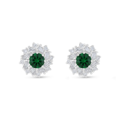 Sterling Silver 925 Earring Rhodium Plated Embedded With Emerald Zircon And White Zircon