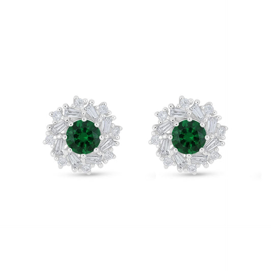 Sterling Silver 925 Earring Rhodium Plated Embedded With Emerald Zircon And White Zircon