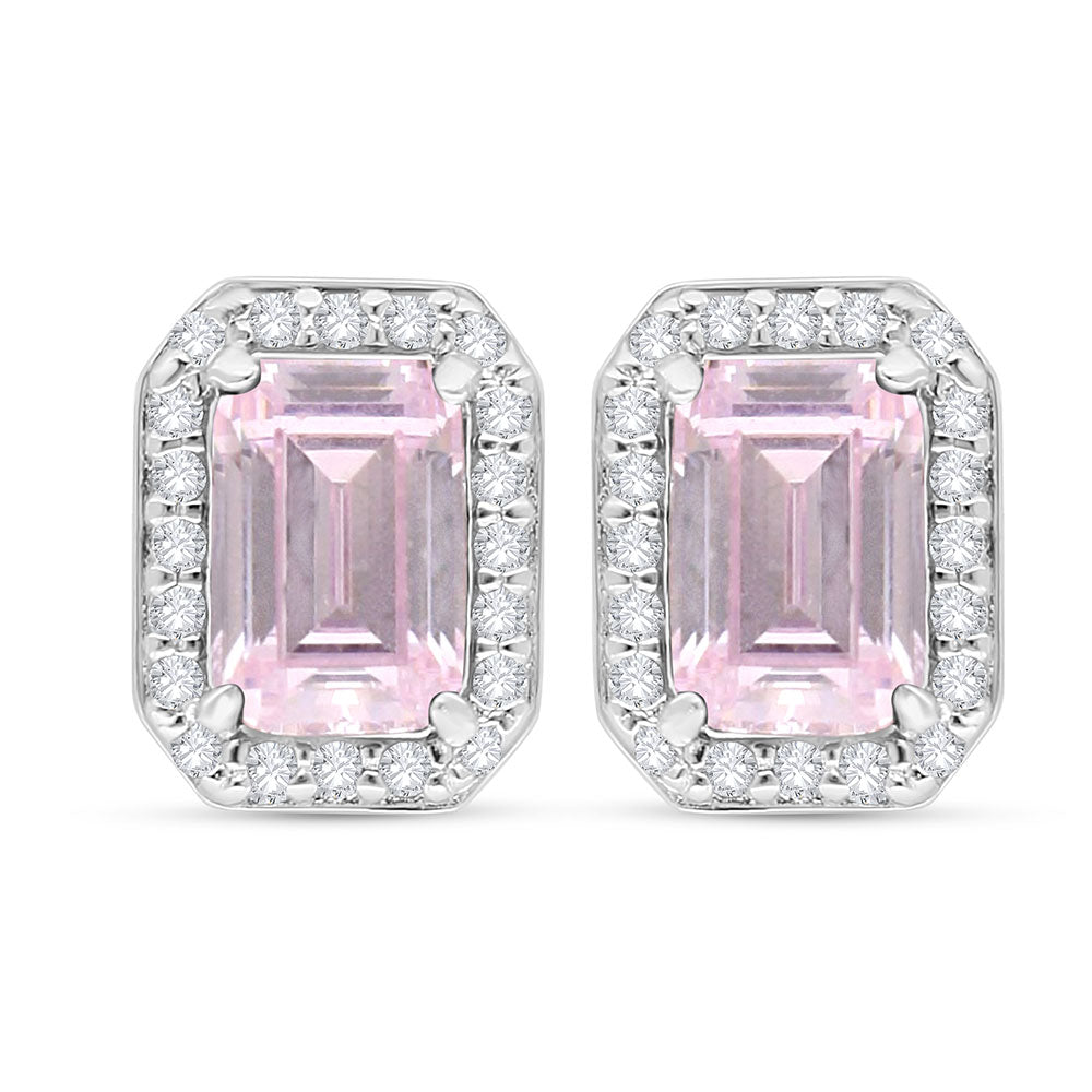 Sterling Silver 925 Earring Rhodium Plated Embedded With Pink Zircon And White Zircon