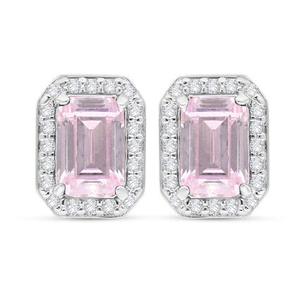 Sterling Silver 925 Earring Rhodium Plated Embedded With Pink Zircon And White Zircon