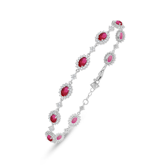 Sterling Silver 925 Bracelet Rhodium Plated Embedded With Ruby Corundum And White Zircon