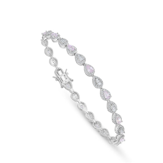 Sterling Silver 925 Bracelet Rhodium Plated Embedded With Pink Zircon And White Zircon