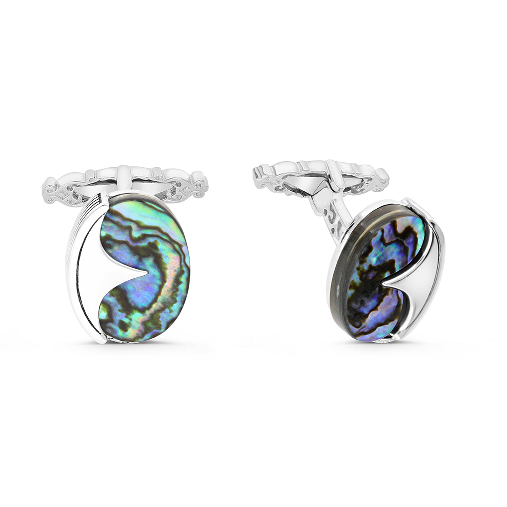 Sterling Silver 925 Cufflink Rhodium And Black Plated Embedded With Blue Shell  Flat Stone