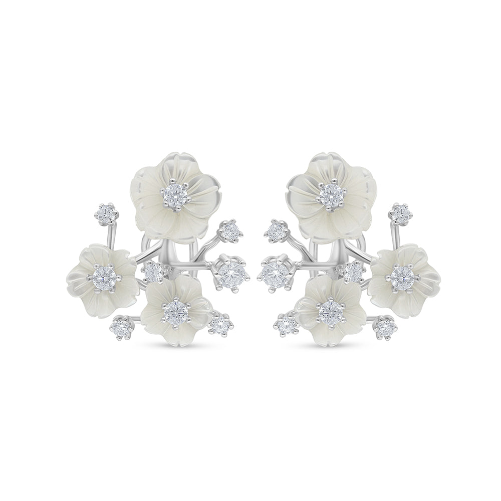 Sterling Silver 925 Earring Rhodium Plated Embedded With White Shell And White Zircon