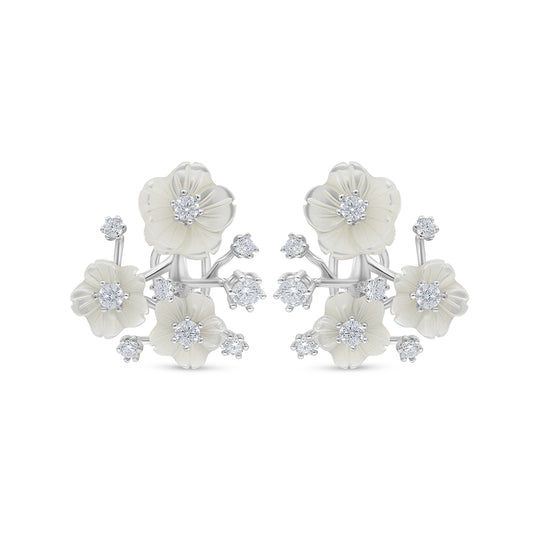 Sterling Silver 925 Earring Rhodium Plated Embedded With White Shell And White Zircon