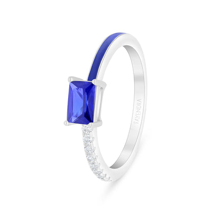 خاتم من الفضة الخالصة عيار 925 مطلي روديوم مرصع زفير كروندوم و انميل ازرق و فص ابيض