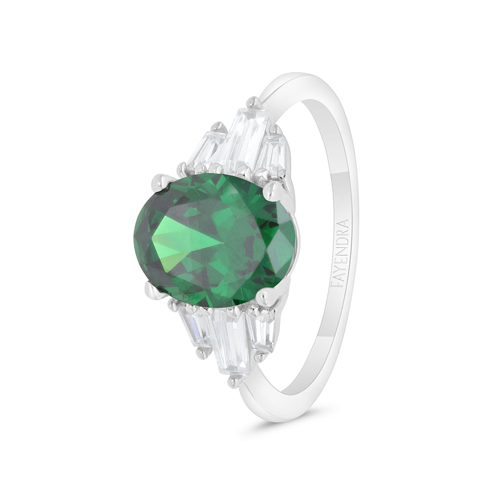 Sterling Silver 925 Ring Rhodium Plated Embedded With Emerald Zircon And White CZ