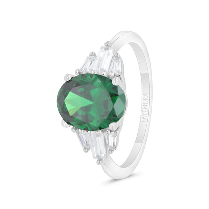 Sterling Silver 925 Ring Rhodium Plated Embedded With Emerald Zircon And White CZ