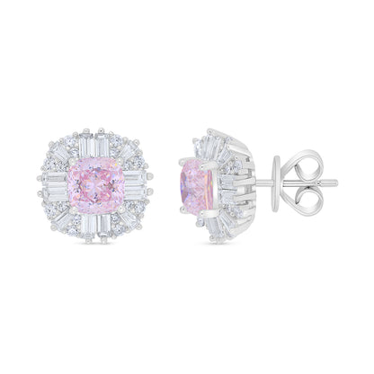 Sterling Silver 925 Earring Rhodium Plated Embedded With Pink Zircon And White Zircon