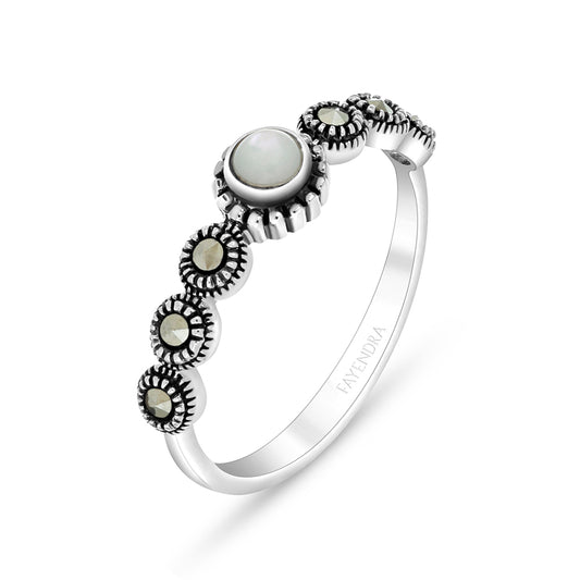 Sterling Silver 925 Ring Embedded With Natural White Shell And Marcasite Stones