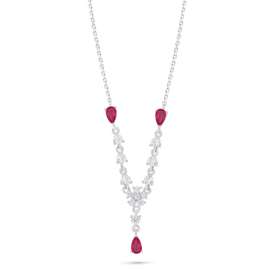 Sterling Silver 925 Necklace Rhodium Plated Embedded With Ruby Corundum And White Zircon