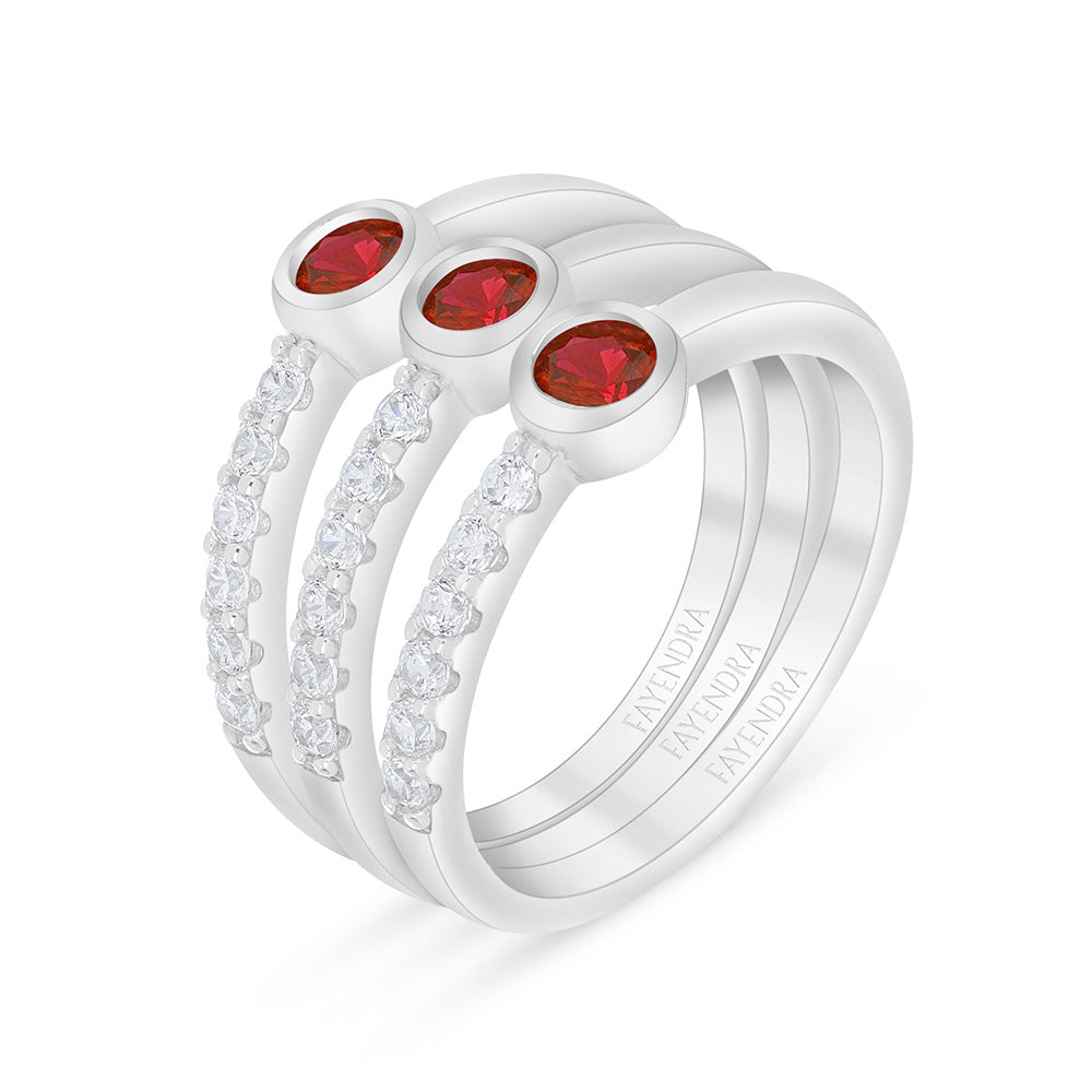 Sterling Silver 925 Ring (3pieces) Rhodium Plated Embedded With Ruby Corundum And White Zircon