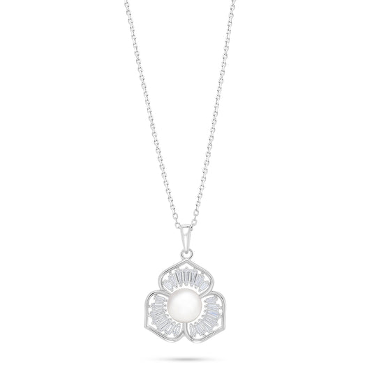 Sterling Silver 925 Necklace Rhodium Plated Embedded With Natural White Pearl And White Zircon