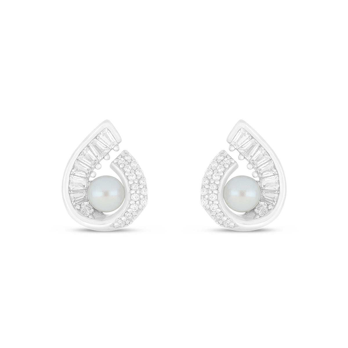 Sterling Silver 925 Earring Rhodium Plated Embedded With Natural White Pearl