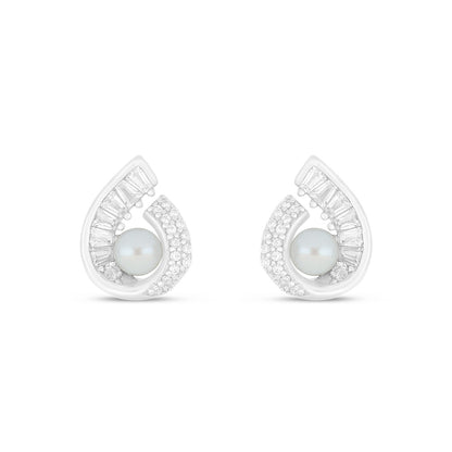 Sterling Silver 925 Earring Rhodium Plated Embedded With Natural White Pearl