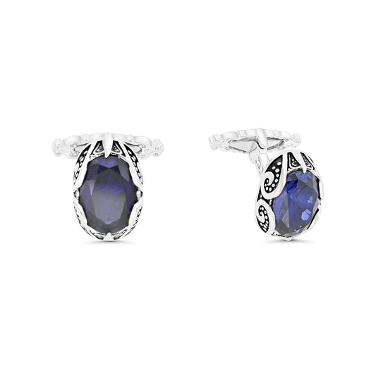 Sterling Silver 925 Cufflink Rhodium And Black Plated Embedded With Sapphire Corundum