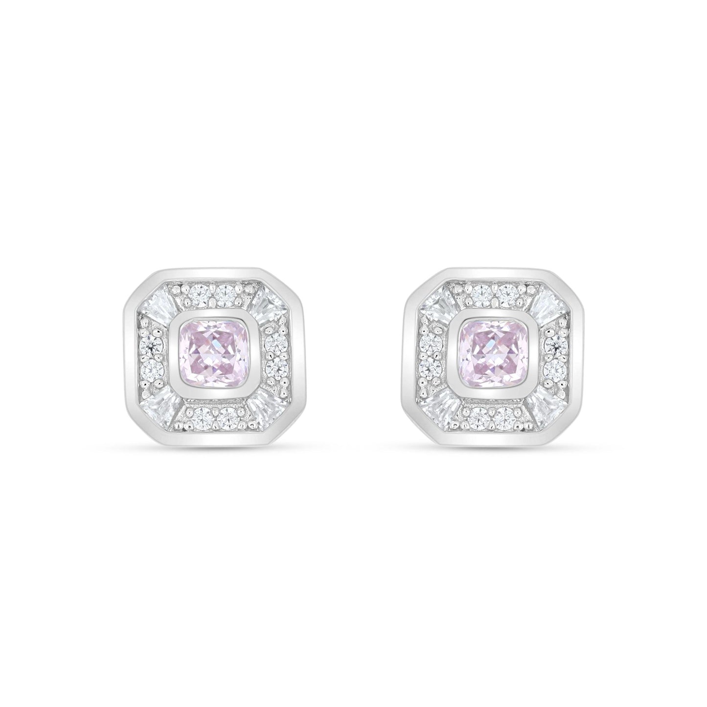 Sterling Silver 925 Earring Rhodium Plated Embedded With Pink Zircon And White Zircon