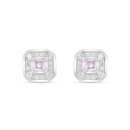 Sterling Silver 925 Earring Rhodium Plated Embedded With Pink Zircon And White Zircon