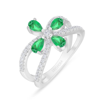 Sterling Silver 925 Ring Rhodium Plated Embedded With Emerald Zircon And White Zircon