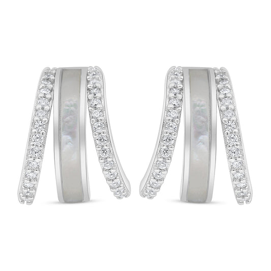 Sterling Silver 925 Earring Rhodium Plated Embedded With White Shell And White Zircon