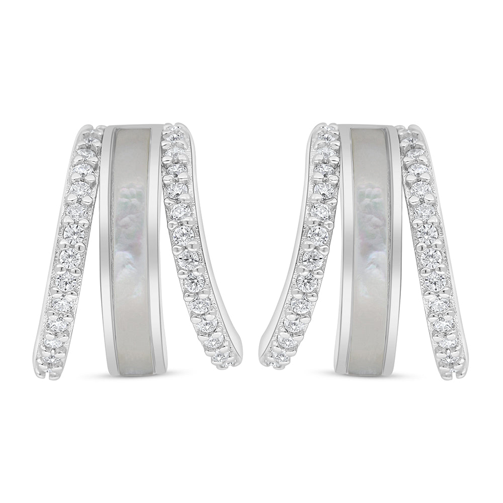 Sterling Silver 925 Earring Rhodium Plated Embedded With White Shell And White Zircon