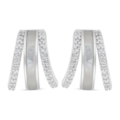 Sterling Silver 925 Earring Rhodium Plated Embedded With White Shell And White Zircon