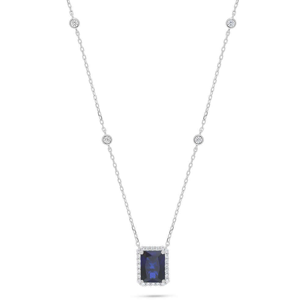 Sterling Silver 925 Necklace Rhodium Plated Embedded With Sapphire Corundum And White Zircon