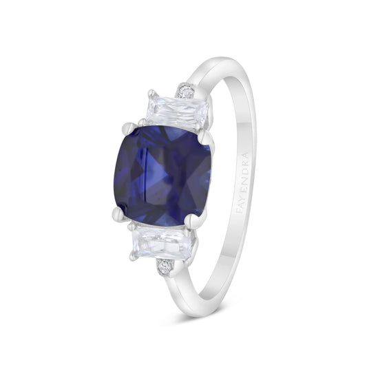 Sterling Silver 925 Ring Rhodium Plated Embedded With Sapphire Corundum And White CZ