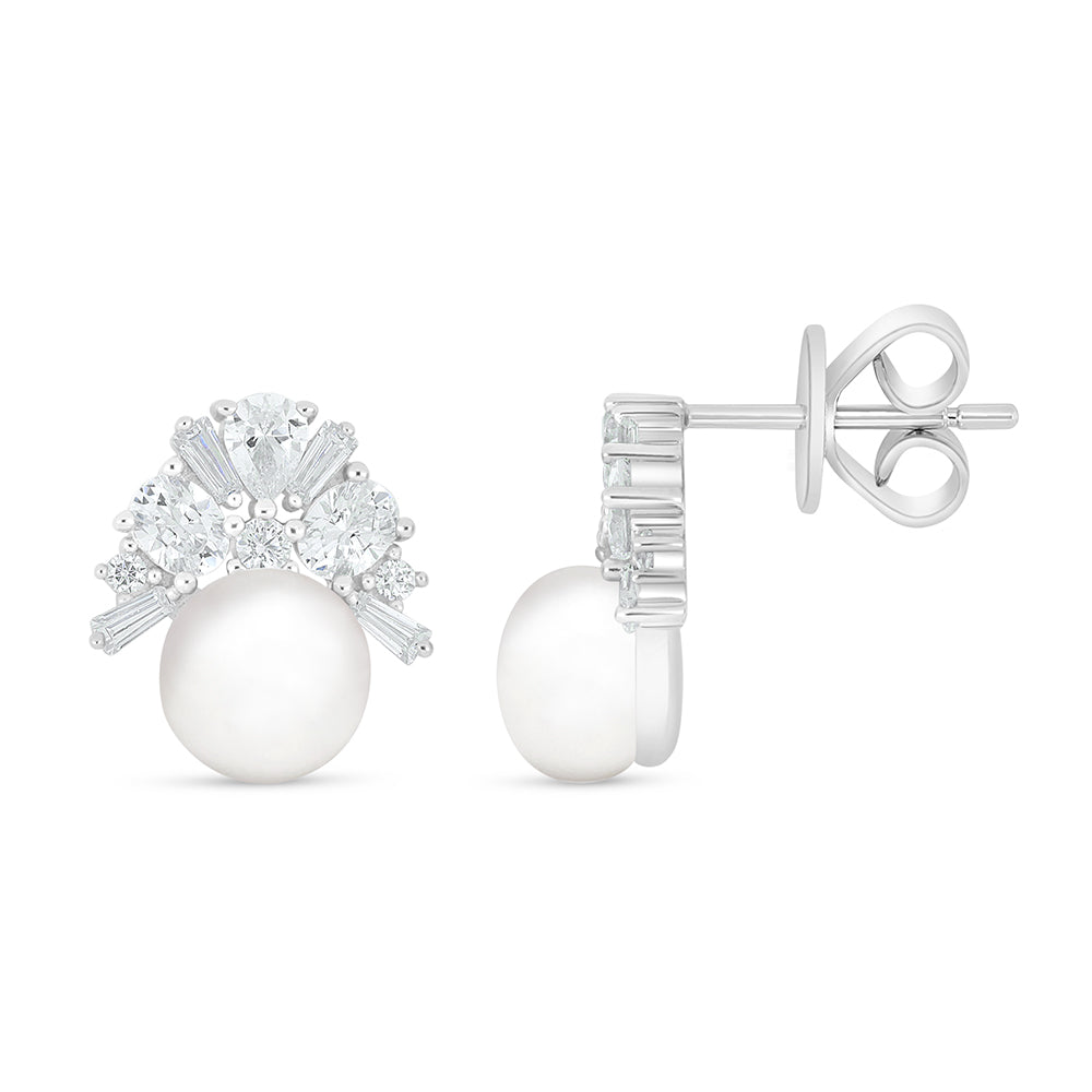 Sterling Silver 925 Earring Rhodium Plated Embedded With Natural White Pearl And White Zircon