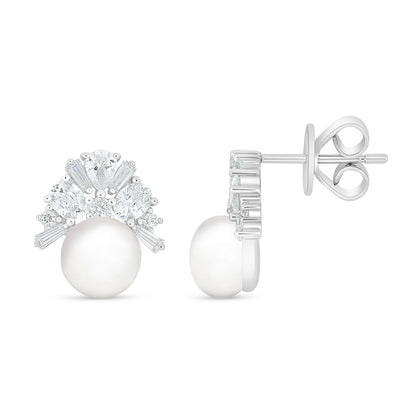 Sterling Silver 925 Earring Rhodium Plated Embedded With Natural White Pearl And White Zircon