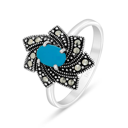 Sterling Silver 925 Ring Embedded With Natural Processed Turquoise And Marcasite Stones