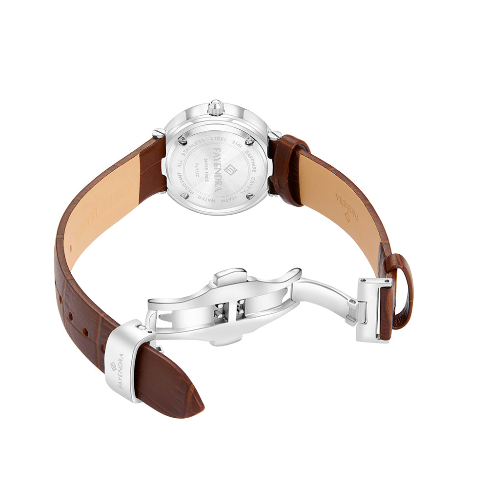 Stainless Steel 316L Watch Silver Color Brown Leather And White Zircon - BROWN METAL DIAL